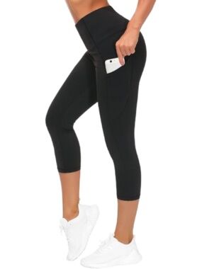 Women’s Black High Waist Tummy Control Yoga Capri Leggings Size Large